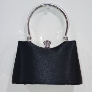 Black Poi De Soie Black Satin with Silver Trim Structured Evening Bag